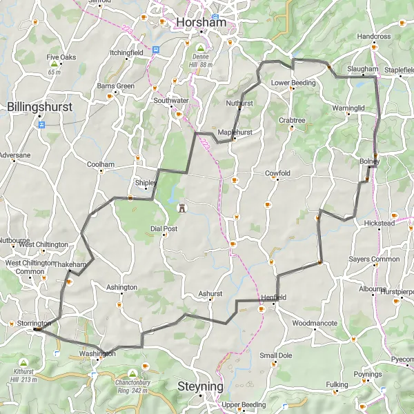 Map miniature of "Shipley and Nuthurst Scenic Road Loop" cycling inspiration in Surrey, East and West Sussex, United Kingdom. Generated by Tarmacs.app cycling route planner