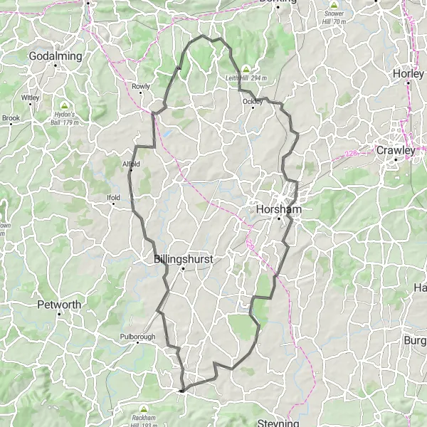 Map miniature of "Alfold and Leith Hill Road Cycle Challenge" cycling inspiration in Surrey, East and West Sussex, United Kingdom. Generated by Tarmacs.app cycling route planner