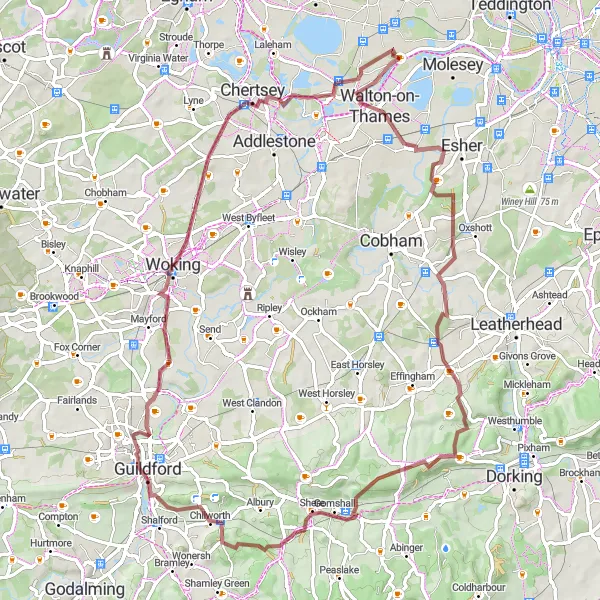 Map miniature of "Surrey Gravel Adventure" cycling inspiration in Surrey, East and West Sussex, United Kingdom. Generated by Tarmacs.app cycling route planner