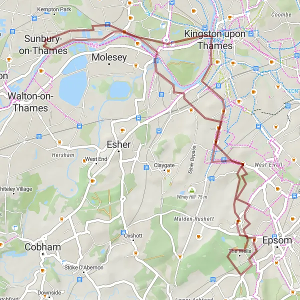 Map miniature of "Surrey Gravel Adventure" cycling inspiration in Surrey, East and West Sussex, United Kingdom. Generated by Tarmacs.app cycling route planner