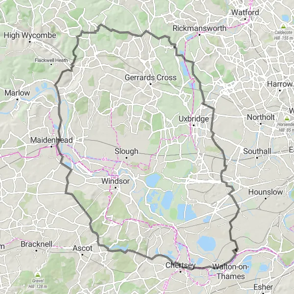 Map miniature of "Thames Valley Loop" cycling inspiration in Surrey, East and West Sussex, United Kingdom. Generated by Tarmacs.app cycling route planner