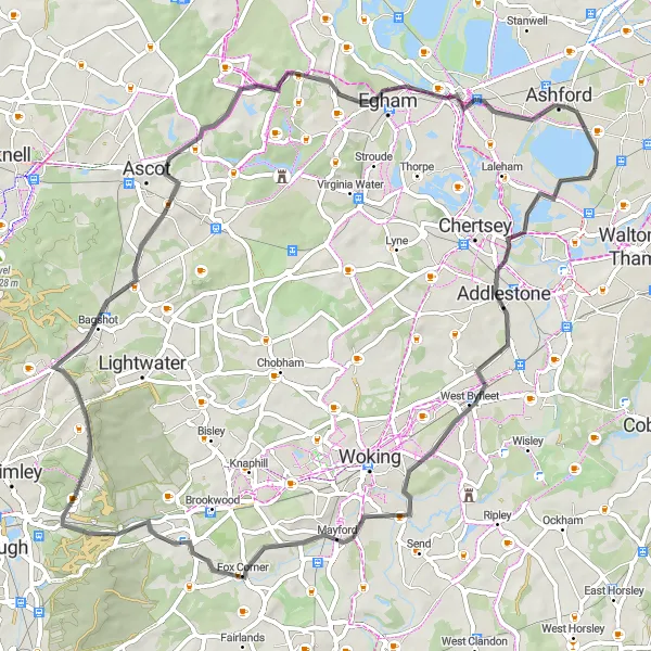 Map miniature of "Surrey Roadie Escape" cycling inspiration in Surrey, East and West Sussex, United Kingdom. Generated by Tarmacs.app cycling route planner