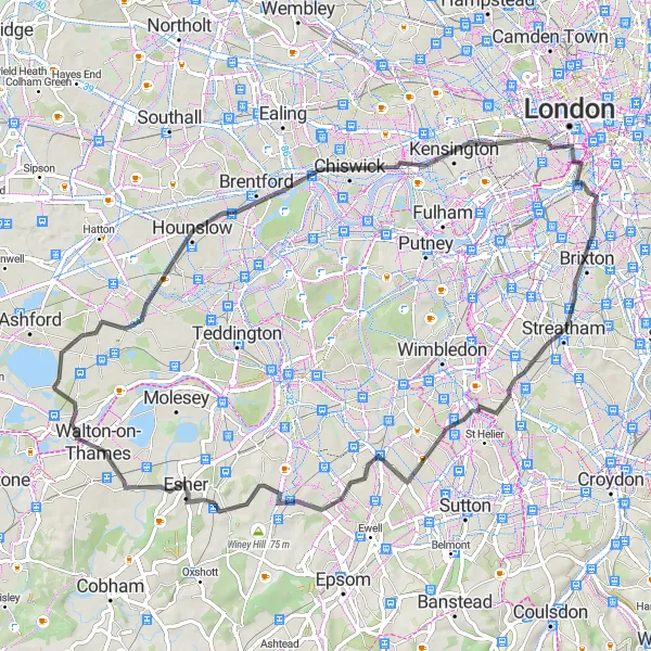 Map miniature of "Thames and Parks Route" cycling inspiration in Surrey, East and West Sussex, United Kingdom. Generated by Tarmacs.app cycling route planner