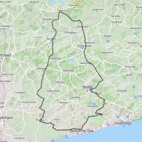 Map miniature of "Ticehurst to Robertsbridge and Burwash Loop" cycling inspiration in Surrey, East and West Sussex, United Kingdom. Generated by Tarmacs.app cycling route planner