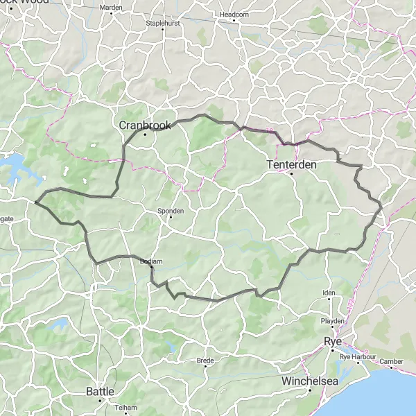 Map miniature of "Ticehurst to Flimwell and Bodiam Castle Loop" cycling inspiration in Surrey, East and West Sussex, United Kingdom. Generated by Tarmacs.app cycling route planner