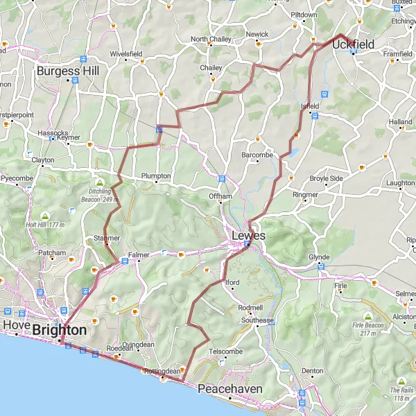 Map miniature of "Uckfield to Brighton Gravel Adventure" cycling inspiration in Surrey, East and West Sussex, United Kingdom. Generated by Tarmacs.app cycling route planner