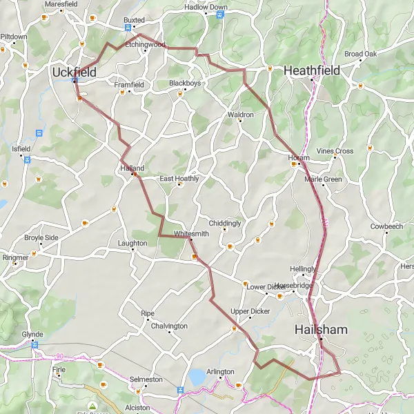 Map miniature of "Uckfield to Halland Gravel Route" cycling inspiration in Surrey, East and West Sussex, United Kingdom. Generated by Tarmacs.app cycling route planner