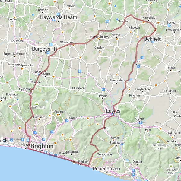 Map miniature of "Uckfield to Brighton Gravel Trek" cycling inspiration in Surrey, East and West Sussex, United Kingdom. Generated by Tarmacs.app cycling route planner