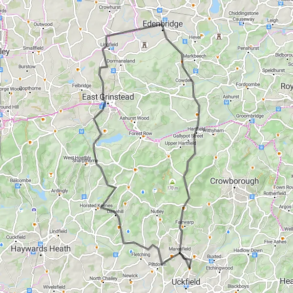 Map miniature of "Uckfield to East Grinstead Road Challenge" cycling inspiration in Surrey, East and West Sussex, United Kingdom. Generated by Tarmacs.app cycling route planner