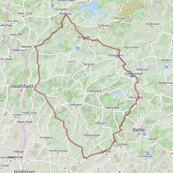 Map miniature of "Wadhurst Gravel Loop via Ninfield and Cade Street" cycling inspiration in Surrey, East and West Sussex, United Kingdom. Generated by Tarmacs.app cycling route planner