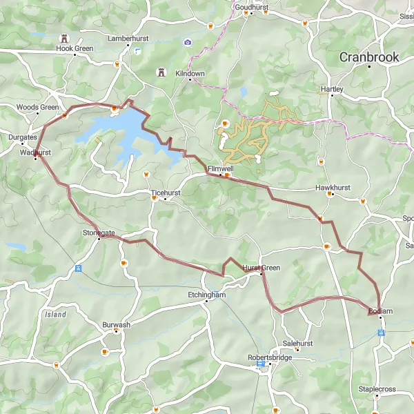 Map miniature of "King John’s Lodge Nursery Garden Loop" cycling inspiration in Surrey, East and West Sussex, United Kingdom. Generated by Tarmacs.app cycling route planner