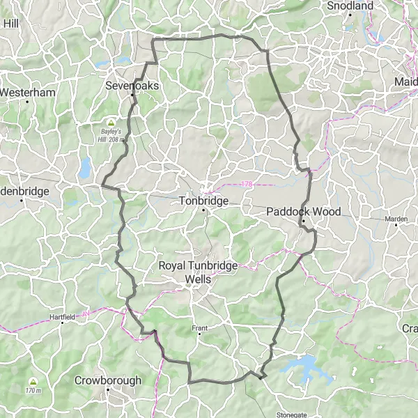 Map miniature of "Chiddingstone Causeway Epic Ride" cycling inspiration in Surrey, East and West Sussex, United Kingdom. Generated by Tarmacs.app cycling route planner