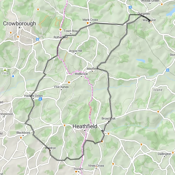 Map miniature of "Broad Oak Adventure" cycling inspiration in Surrey, East and West Sussex, United Kingdom. Generated by Tarmacs.app cycling route planner