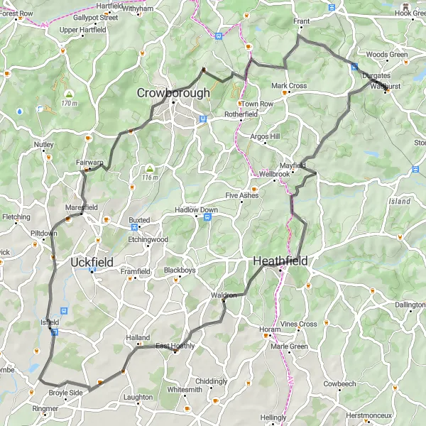 Map miniature of "Wadhurst Loop via Heathfield and Frant" cycling inspiration in Surrey, East and West Sussex, United Kingdom. Generated by Tarmacs.app cycling route planner