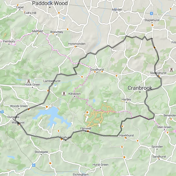 Map miniature of "The Lamberhurst Loop" cycling inspiration in Surrey, East and West Sussex, United Kingdom. Generated by Tarmacs.app cycling route planner