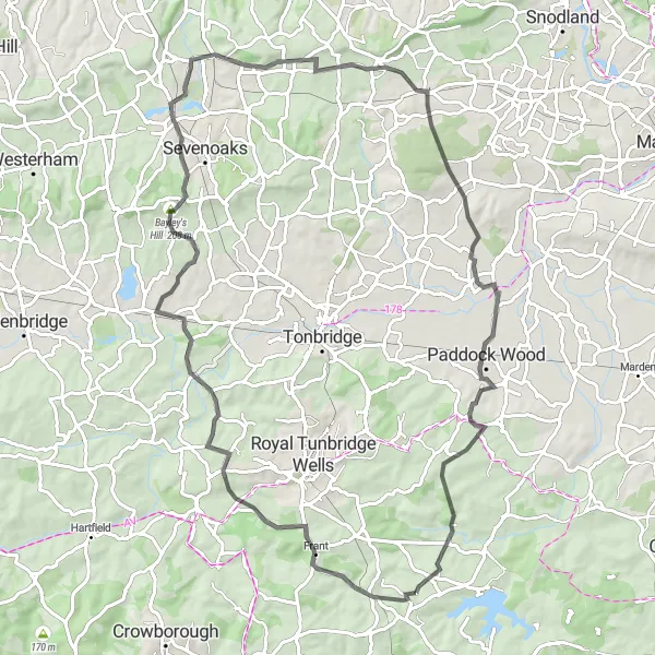 Map miniature of "Wadhurst to Bayham Old Abbey and Otford Loop" cycling inspiration in Surrey, East and West Sussex, United Kingdom. Generated by Tarmacs.app cycling route planner