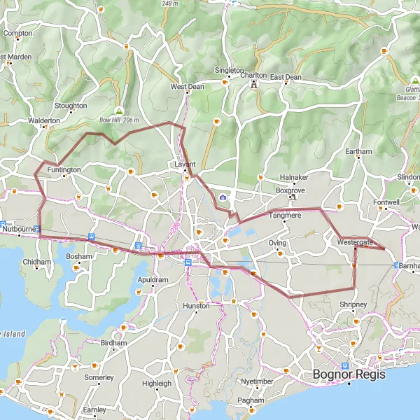 Map miniature of "Walberton - Chichester - Bosham - Stoke Clump - Tangmere - Eastergate" cycling inspiration in Surrey, East and West Sussex, United Kingdom. Generated by Tarmacs.app cycling route planner