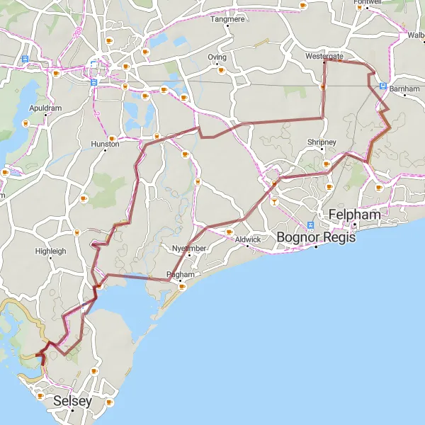 Map miniature of "Coastal Delight" cycling inspiration in Surrey, East and West Sussex, United Kingdom. Generated by Tarmacs.app cycling route planner