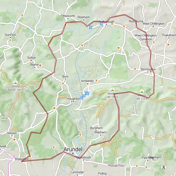 Map miniature of "Surrey Gravel Expedition" cycling inspiration in Surrey, East and West Sussex, United Kingdom. Generated by Tarmacs.app cycling route planner
