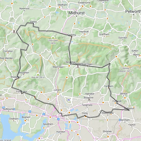 Map miniature of "Walberton to Chichester Loop" cycling inspiration in Surrey, East and West Sussex, United Kingdom. Generated by Tarmacs.app cycling route planner