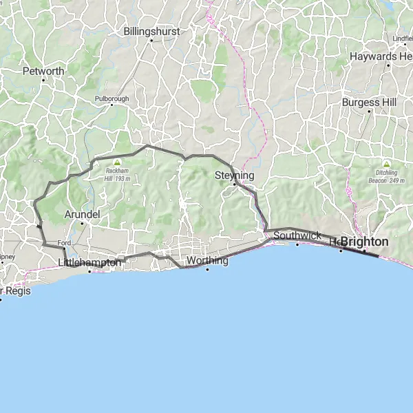 Map miniature of "Walberton Round Trip" cycling inspiration in Surrey, East and West Sussex, United Kingdom. Generated by Tarmacs.app cycling route planner
