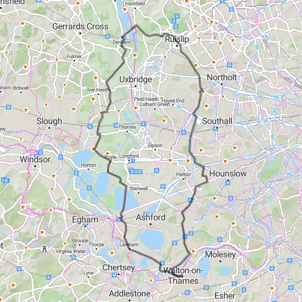 Map miniature of "River Thames Loop" cycling inspiration in Surrey, East and West Sussex, United Kingdom. Generated by Tarmacs.app cycling route planner