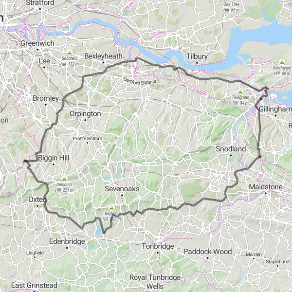 Map miniature of "The Cycling Odyssey" cycling inspiration in Surrey, East and West Sussex, United Kingdom. Generated by Tarmacs.app cycling route planner