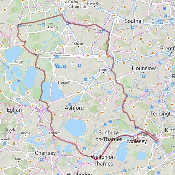 Map miniature of "Molesey to Laleham Loop" cycling inspiration in Surrey, East and West Sussex, United Kingdom. Generated by Tarmacs.app cycling route planner