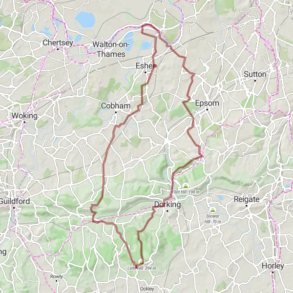 Map miniature of "Thames Ditton to Abinger Hammer Adventure" cycling inspiration in Surrey, East and West Sussex, United Kingdom. Generated by Tarmacs.app cycling route planner