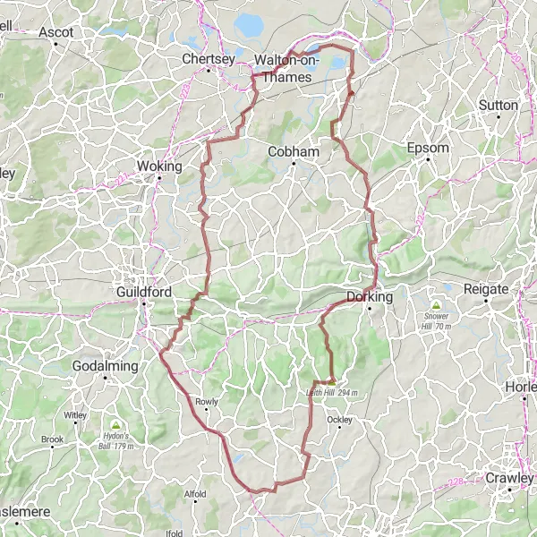 Map miniature of "Leith Hill and St Martha's Hill Adventure" cycling inspiration in Surrey, East and West Sussex, United Kingdom. Generated by Tarmacs.app cycling route planner