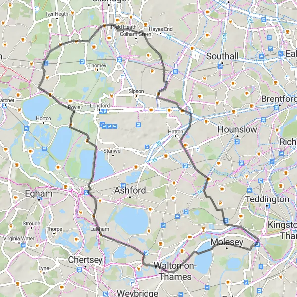 Map miniature of "Laleham and Cranford Loop" cycling inspiration in Surrey, East and West Sussex, United Kingdom. Generated by Tarmacs.app cycling route planner