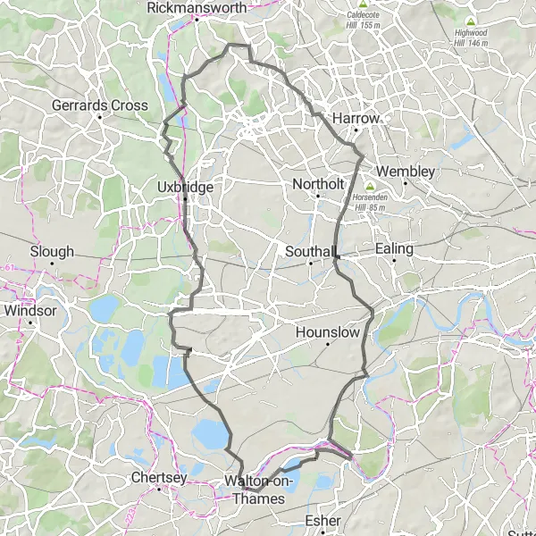 Map miniature of "Ashford to Twickenham Journey" cycling inspiration in Surrey, East and West Sussex, United Kingdom. Generated by Tarmacs.app cycling route planner