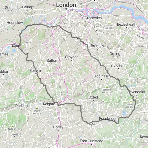 Map miniature of "Twickenham to Edenbridge" cycling inspiration in Surrey, East and West Sussex, United Kingdom. Generated by Tarmacs.app cycling route planner