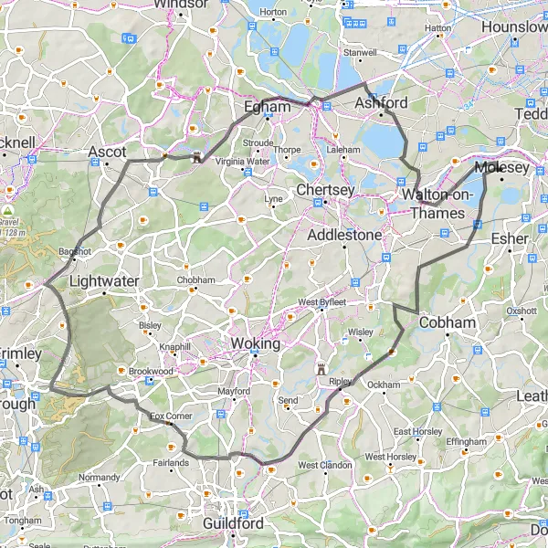 Map miniature of "Surrey Hills Escape" cycling inspiration in Surrey, East and West Sussex, United Kingdom. Generated by Tarmacs.app cycling route planner