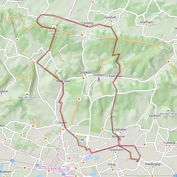 Map miniature of "Countryside Charm Gravel Route" cycling inspiration in Surrey, East and West Sussex, United Kingdom. Generated by Tarmacs.app cycling route planner