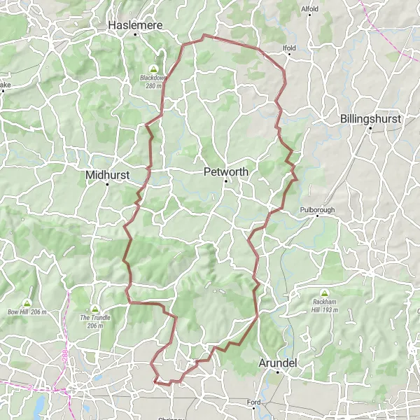 Map miniature of "Westergate South Downs Gravel Route" cycling inspiration in Surrey, East and West Sussex, United Kingdom. Generated by Tarmacs.app cycling route planner