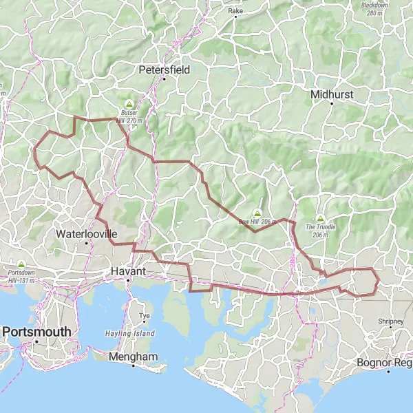 Map miniature of "Chichester Countryside Gravel Ride" cycling inspiration in Surrey, East and West Sussex, United Kingdom. Generated by Tarmacs.app cycling route planner