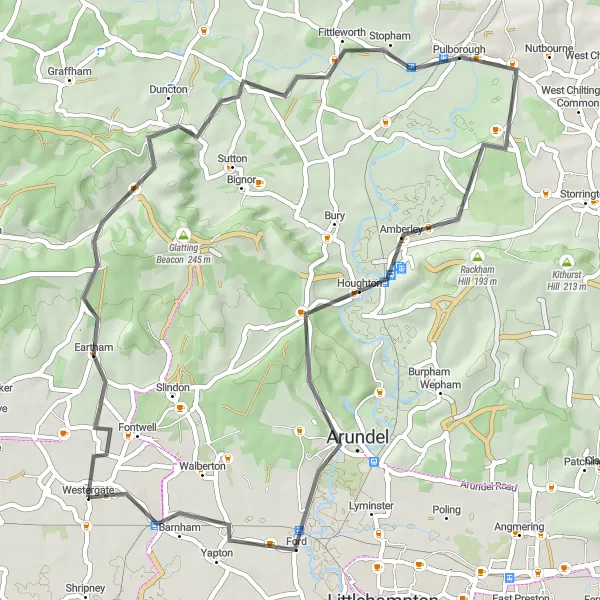 Map miniature of "Discovering Arundel" cycling inspiration in Surrey, East and West Sussex, United Kingdom. Generated by Tarmacs.app cycling route planner