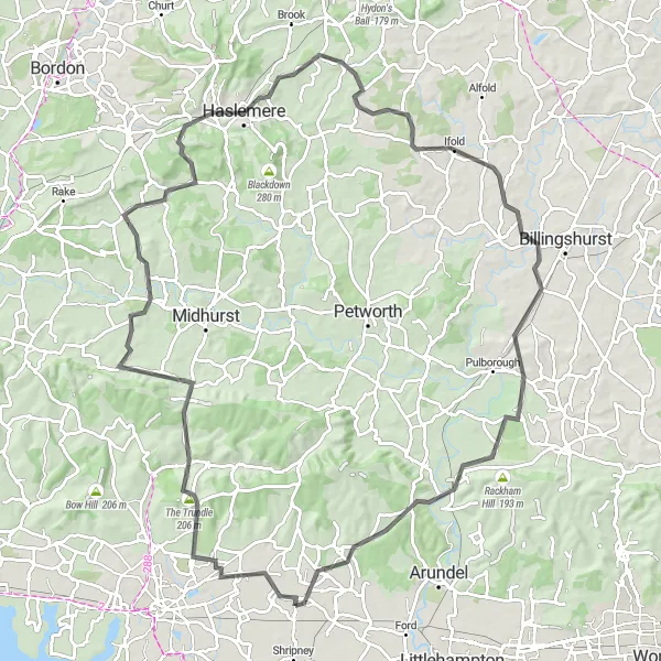 Map miniature of "Westergate to Boxgrove Loop" cycling inspiration in Surrey, East and West Sussex, United Kingdom. Generated by Tarmacs.app cycling route planner