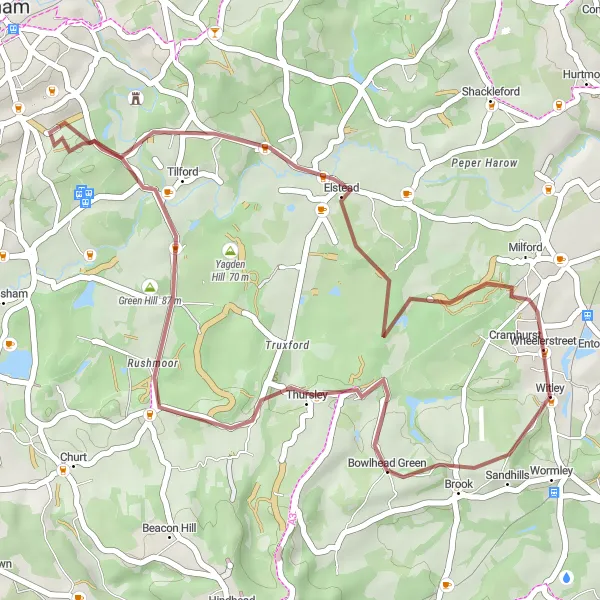 Map miniature of "Gravel to Bowlhead Green via Green Hill and Charleshill" cycling inspiration in Surrey, East and West Sussex, United Kingdom. Generated by Tarmacs.app cycling route planner