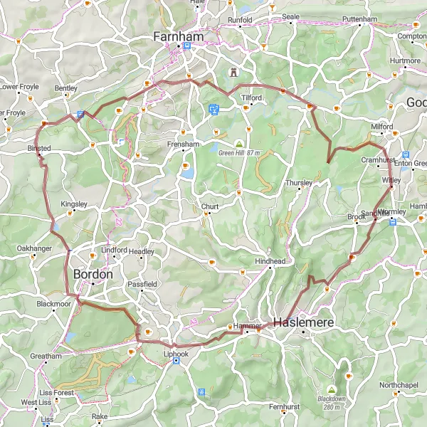 Map miniature of "Gravel Exploration from Shottermill to Milford" cycling inspiration in Surrey, East and West Sussex, United Kingdom. Generated by Tarmacs.app cycling route planner