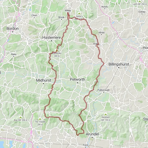 Map miniature of "Challenging Gravel Ride to Blackdown" cycling inspiration in Surrey, East and West Sussex, United Kingdom. Generated by Tarmacs.app cycling route planner