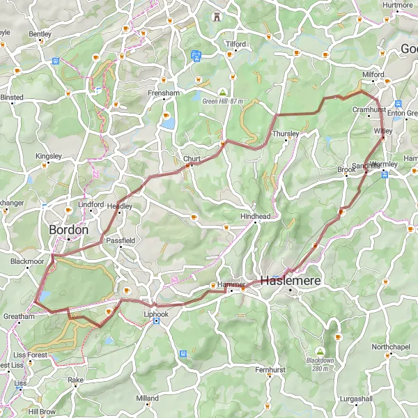 Map miniature of "Gravel Adventure through Shottermill" cycling inspiration in Surrey, East and West Sussex, United Kingdom. Generated by Tarmacs.app cycling route planner