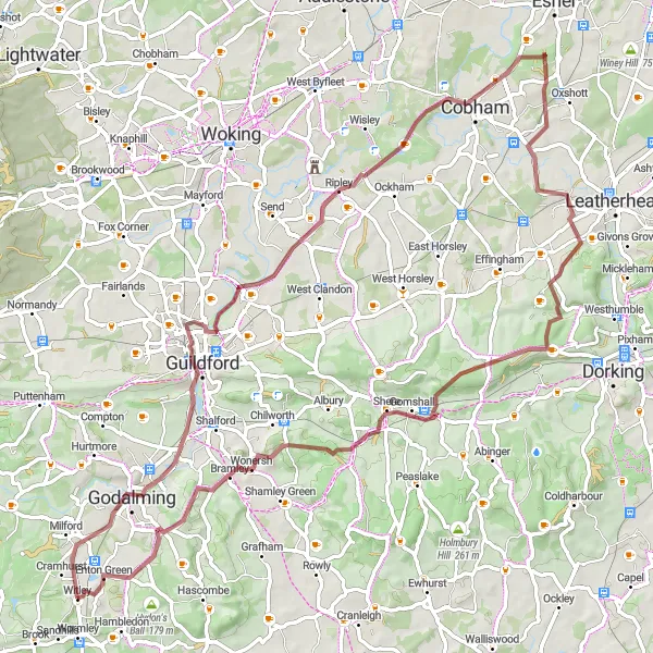 Map miniature of "Surrey Gravel Adventure" cycling inspiration in Surrey, East and West Sussex, United Kingdom. Generated by Tarmacs.app cycling route planner