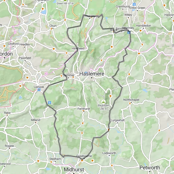 Map miniature of "Witley to Easebourne Loop" cycling inspiration in Surrey, East and West Sussex, United Kingdom. Generated by Tarmacs.app cycling route planner