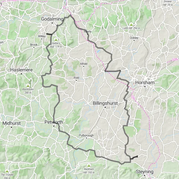Map miniature of "Witley and the Hills of Surrey" cycling inspiration in Surrey, East and West Sussex, United Kingdom. Generated by Tarmacs.app cycling route planner