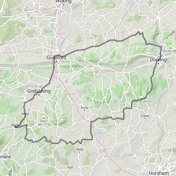 Map miniature of "Witley Castle and Leith Hill Tower Adventure" cycling inspiration in Surrey, East and West Sussex, United Kingdom. Generated by Tarmacs.app cycling route planner