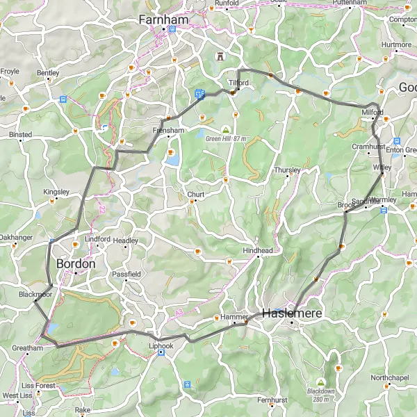 Map miniature of "Surrey Escapade" cycling inspiration in Surrey, East and West Sussex, United Kingdom. Generated by Tarmacs.app cycling route planner