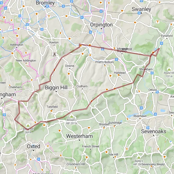 Map miniature of "Farnborough Gravel Escape" cycling inspiration in Surrey, East and West Sussex, United Kingdom. Generated by Tarmacs.app cycling route planner