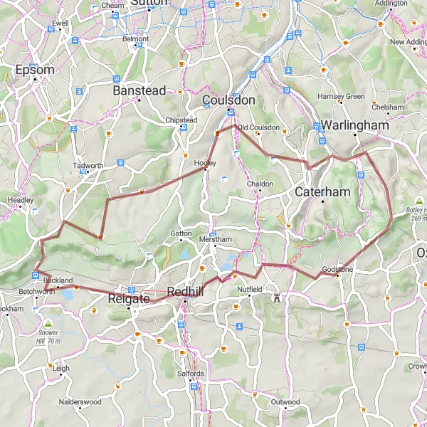 Map miniature of "Godstone Gravel Adventure" cycling inspiration in Surrey, East and West Sussex, United Kingdom. Generated by Tarmacs.app cycling route planner